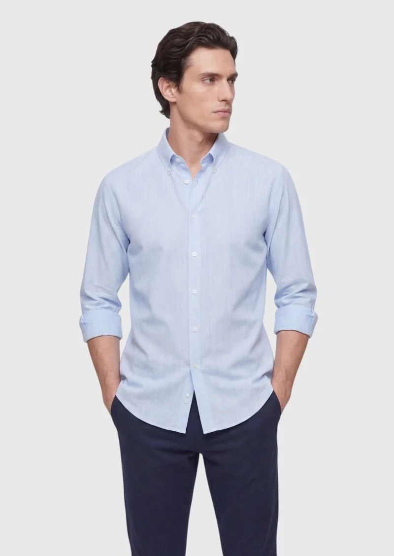 RAMSEY Blue Plain Regular Fit Long Weaving Casual Silk Blended Shirt
