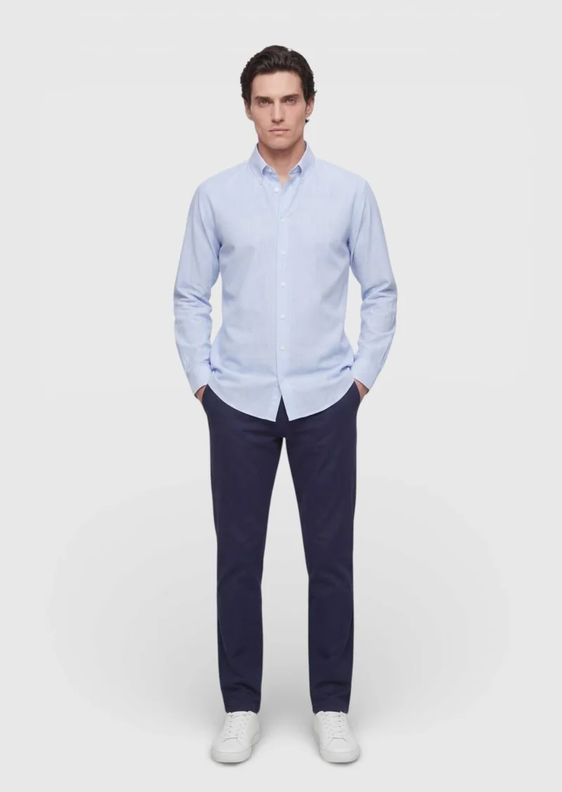 Ramsey Blue Plain Regular Fit Long Weaving Casual Silk Blended Shirt