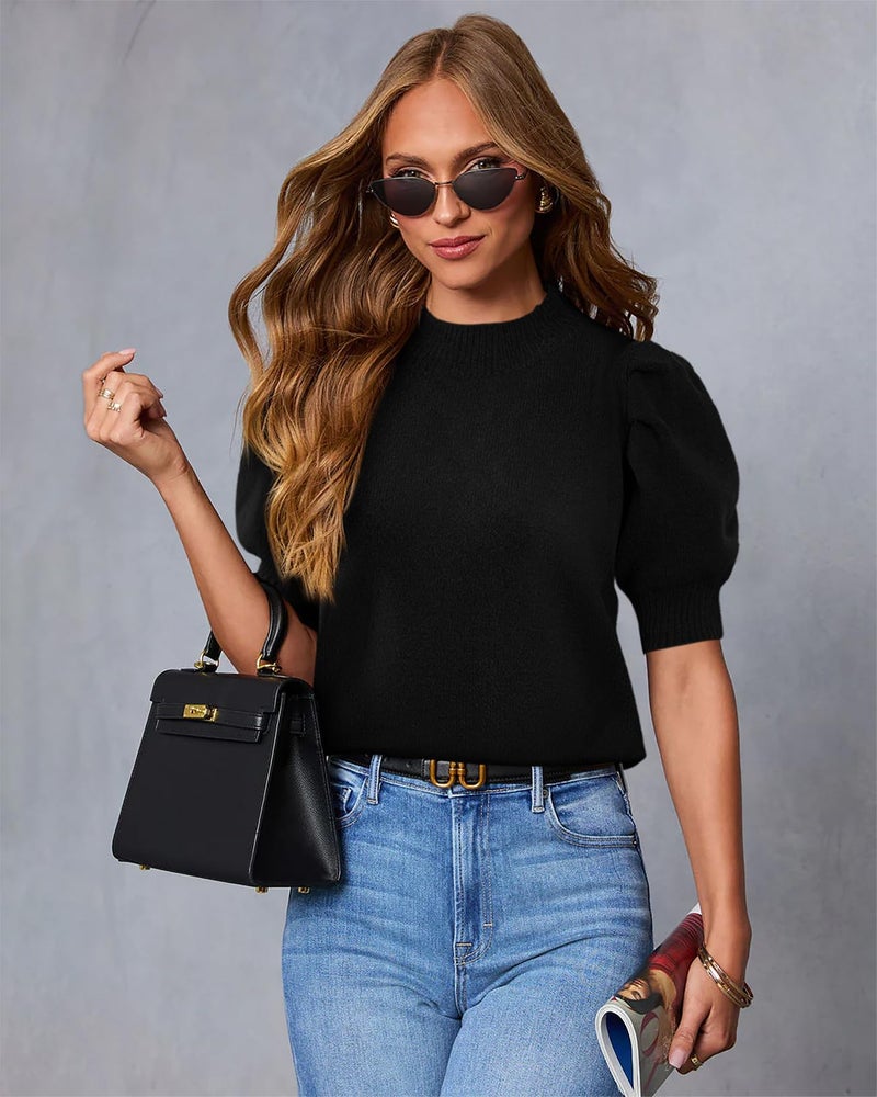 ATHMILE Women's Puff Short Sleeve Knit Sweater Tops 2025 Spring Summer Fall Trendy Crew Neck Casual T Shirts Blouses A-Black - Image 2