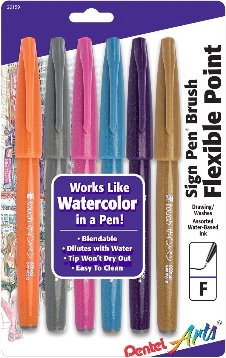 Arts Sign Pen Touch, Fude Brush Tip, Fashion Colors, Pack of 6 (SES15CBP6M1)