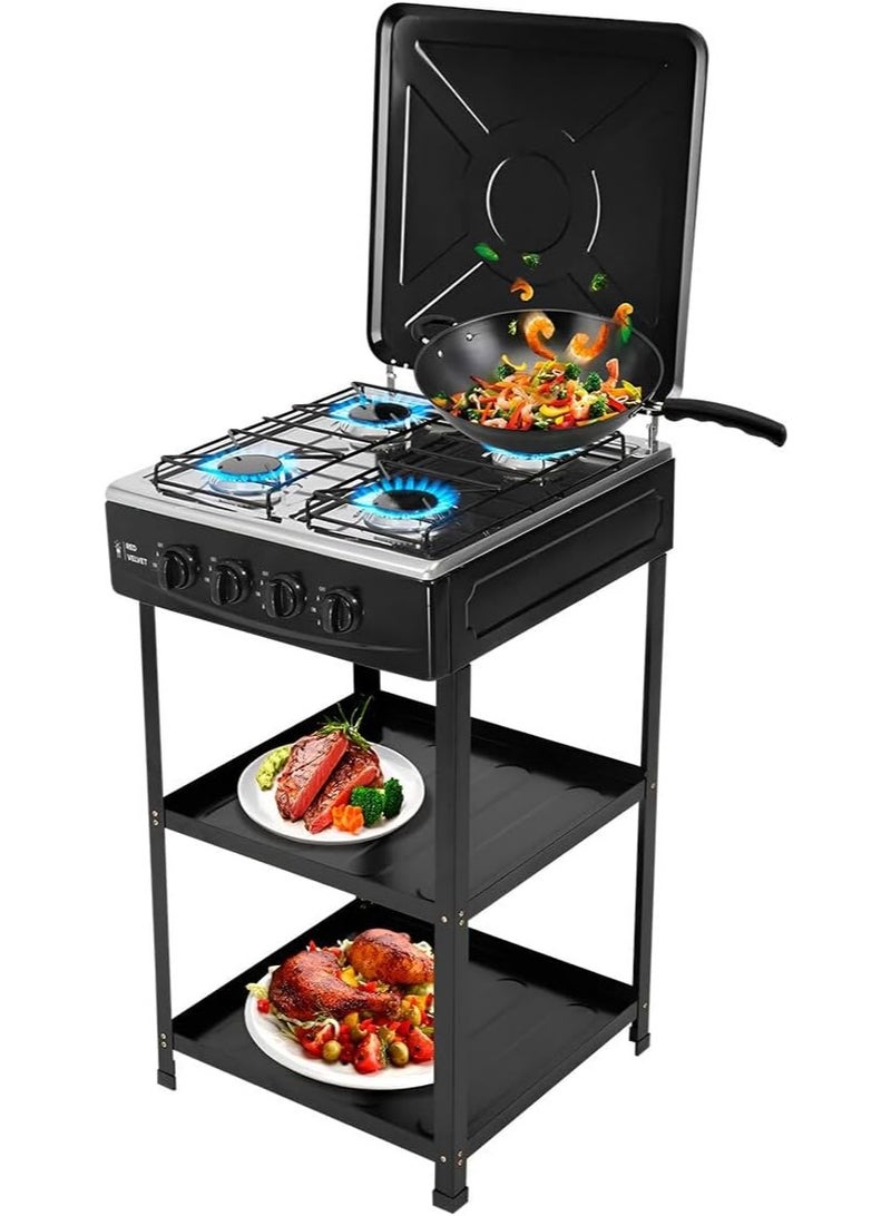 Olympia 4 Burner Gas Stove with Wind Guard, Portable Gas Stove with Removable Leg Stand and 2 Storage Shelves for RV, Apartment, Outdoor Cooking - Image 3