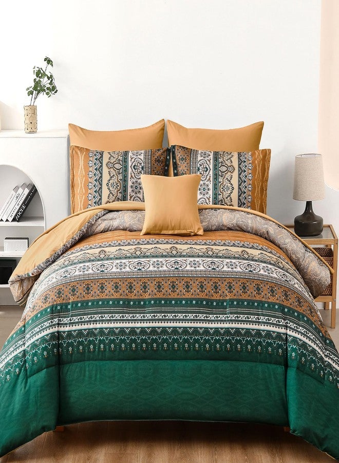 Cottolester Boho Comforter Set Full Size,8 Pieces Brown and Green Bohemian Striped Bed in a Bag,Paisley Soft Microfiber Bedding Comforter Set - Image 1