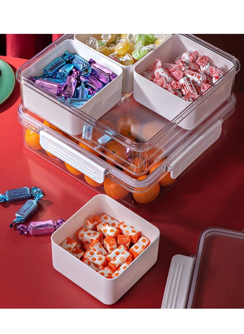 Veggie Tray with Lid, Reusable Serving Tray with 4 Compartments, Square Plastic Divided Serving Tray with Lid, with 4 Removable Boxes, Hot Pot Serving Platter for Snack, Fruit, Veggie, Candies 2Pack