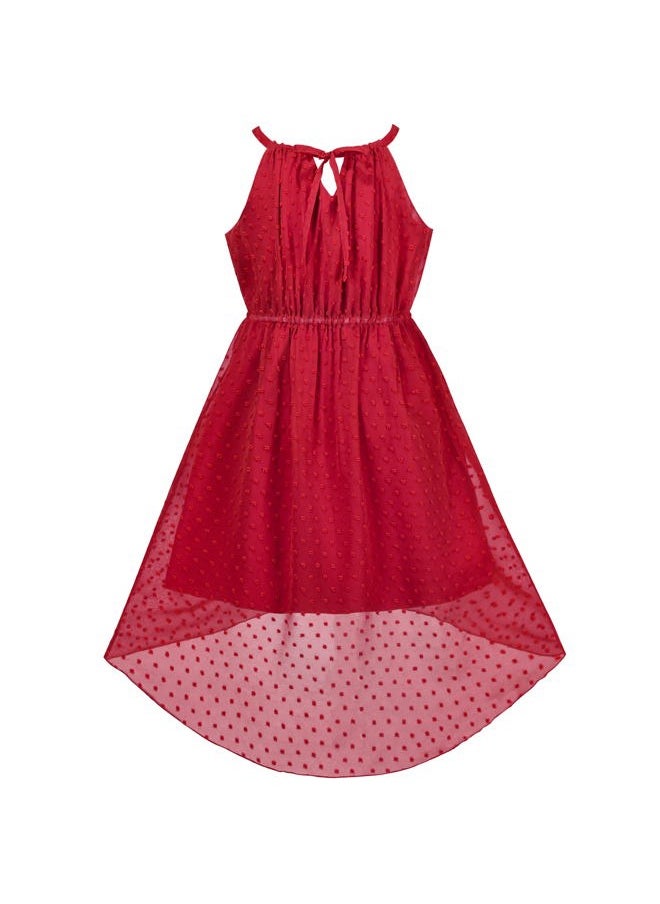 Sunny Fashion - Girls Dress Deep Red Swiss Dot Hi-lo Halter Chiffon Party Christmas Size 7 - Image 1