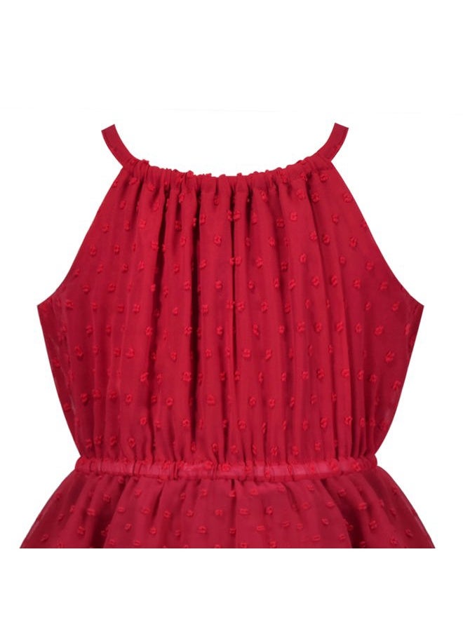 Sunny Fashion - Girls Dress Deep Red Swiss Dot Hi-lo Halter Chiffon Party Christmas Size 7 - Image 1
