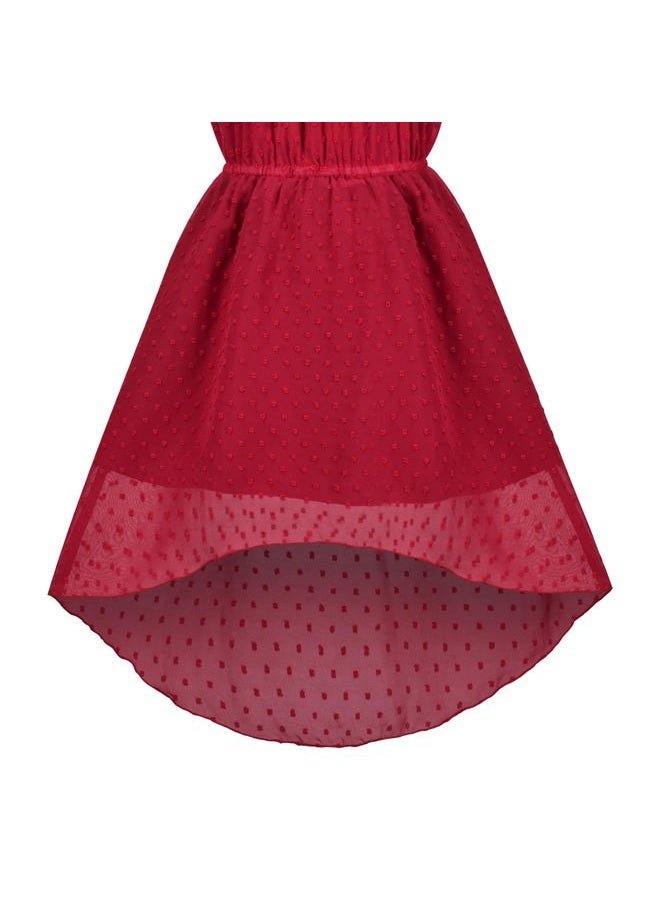 Sunny Fashion - Girls Dress Deep Red Swiss Dot Hi-lo Halter Chiffon Party Christmas Size 7 - Image 1