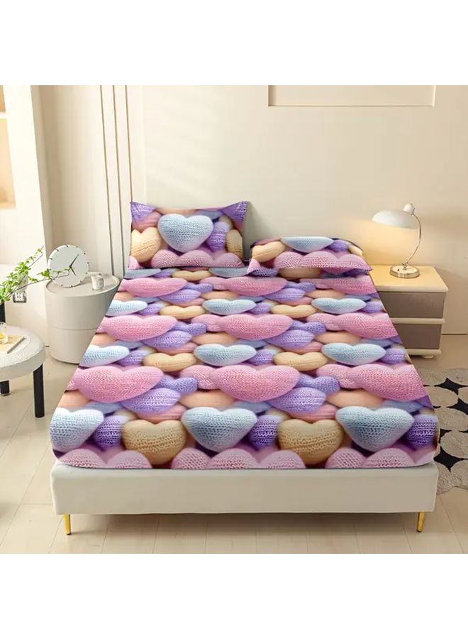 King Size Bright Pink Heart Shaped Brushed Fitted Sheet And Pillowcase Set 3Pcs - Image 1