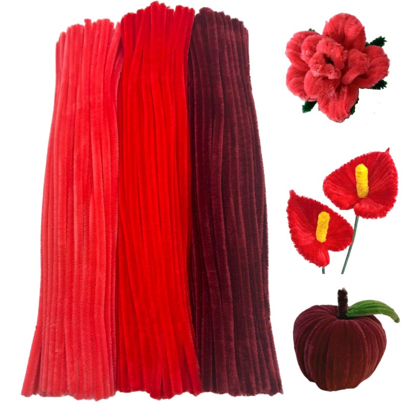 Swpohrat 300 Pieces Shades of Red Pipe Cleaner Craft Set 3 Assorted ColorsThick Fuzzy Chenille Stem Pipe Cleaners for DIY Craft Flower Projects Holiday Decorations