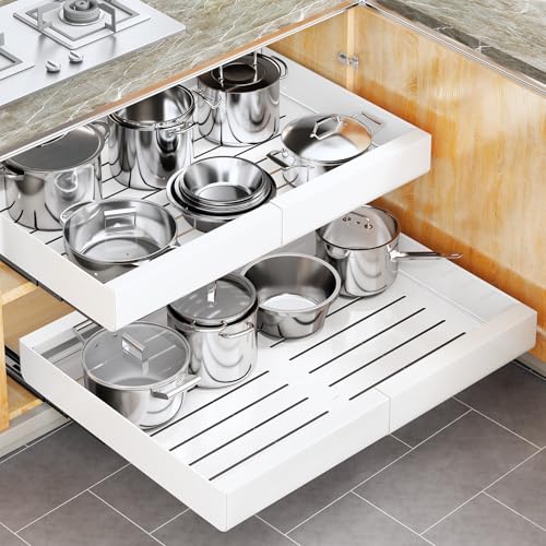 Kitstorack Pull out Cabinet Organizer Wider Expandable1424 Heavy Duty Slide out Drawers Fixed with Adhesive Nano Film for Pots Roll out Shelf Storage for Kitchen Cabinet OrganizationWhite1pc3 Rails - Image 1