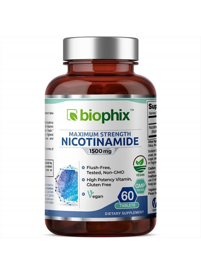 biophix بي-3 نيكوتيناميد 1500 ملغ 60 قرص أقصى قوة إطلاق مؤقت - صيغة فيتامين نيكوتينيك أميد نياكين الطبيعية خالية من الاحمرار - تدعم صحة خلايا الجلد - Image 1