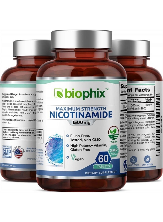 biophix بي-3 نيكوتيناميد 1500 ملغ 60 قرص أقصى قوة إطلاق مؤقت - صيغة فيتامين نيكوتينيك أميد نياكين الطبيعية خالية من الاحمرار - تدعم صحة خلايا الجلد - Image 4