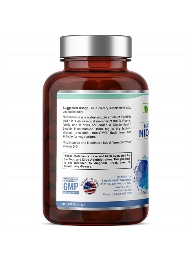 biophix بي-3 نيكوتيناميد 1500 ملغ 60 قرص أقصى قوة إطلاق مؤقت - صيغة فيتامين نيكوتينيك أميد نياكين الطبيعية خالية من الاحمرار - تدعم صحة خلايا الجلد - Image 2