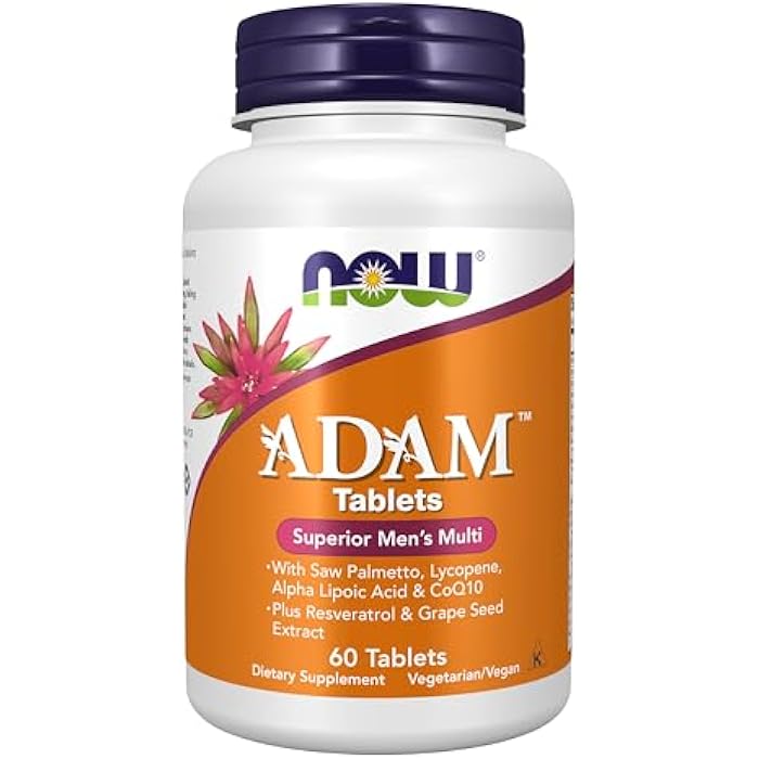 NOW Foods Supplements, ADAM™ Men's Multivitamin with Saw Palmetto, Lycopene, Alpha Lipoic Acid and CoQ10, Plus Natural Resveratrol & Grape Seed Extract, 60 Tablets - Image 1
