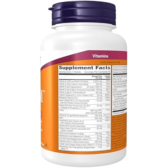 NOW Foods Supplements, ADAM™ Men's Multivitamin with Saw Palmetto, Lycopene, Alpha Lipoic Acid and CoQ10, Plus Natural Resveratrol & Grape Seed Extract, 60 Tablets - Image 2