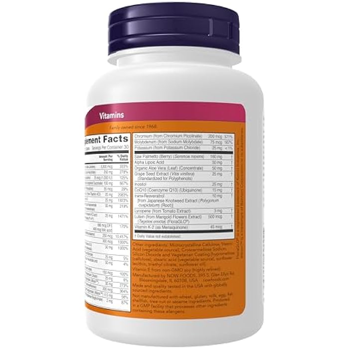 NOW Foods Supplements, ADAM™ Men's Multivitamin with Saw Palmetto, Lycopene, Alpha Lipoic Acid and CoQ10, Plus Natural Resveratrol & Grape Seed Extract, 60 Tablets - Image 3