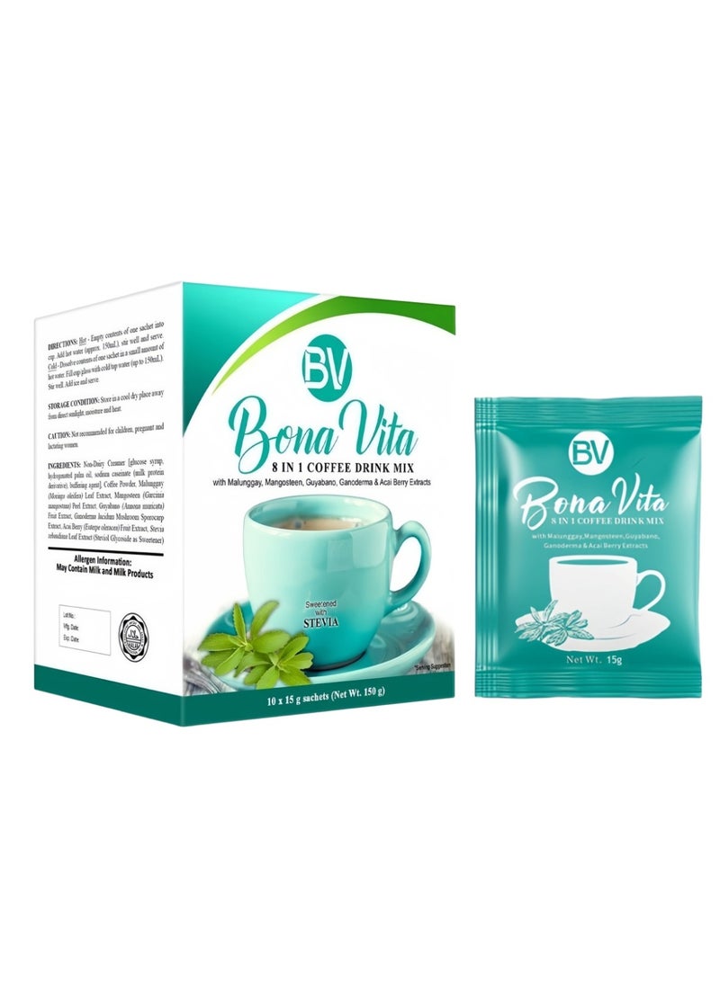 BV 8 IN 1 Coffee Drink Mix with Malunggay, Mangosteen, Guyabano, Ganoderma & Acai Berry Extracts 15g*10bag - Image 1