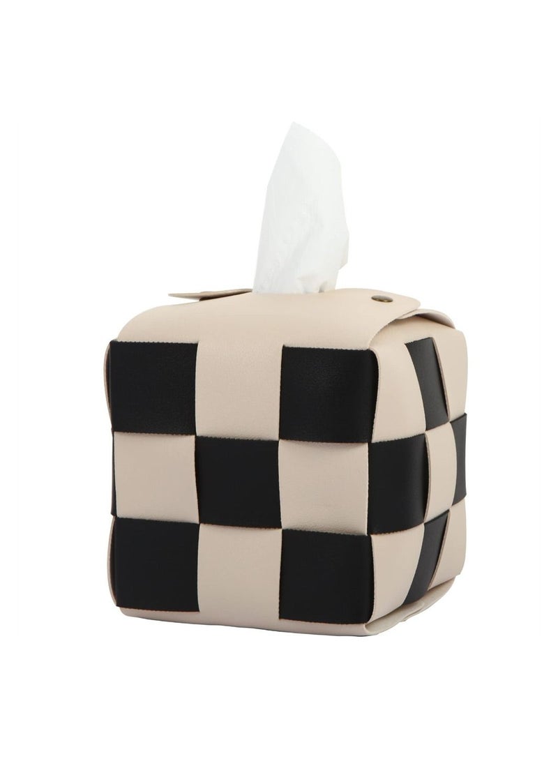 SYOSI Tissue Box Cover, Modern Stylish Tissue Box Holder, PU Leather Weave, Stylish Checkerboard Design for Living Room, Decorative Shelf, Bathroom Counter Top, Bedside Table, Desk, Square, Beige - Image 1