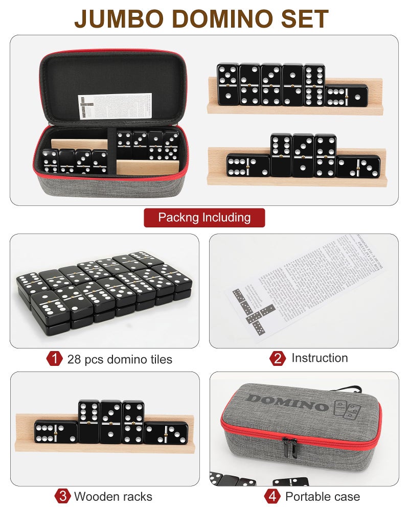 KAILE Jumbo Double 6 Domino Set with Portable Case & 4 Wooden Racks | 28 Large Tiles for Adults & Families | Travel & Board Games for 2-4 Players - Image 2