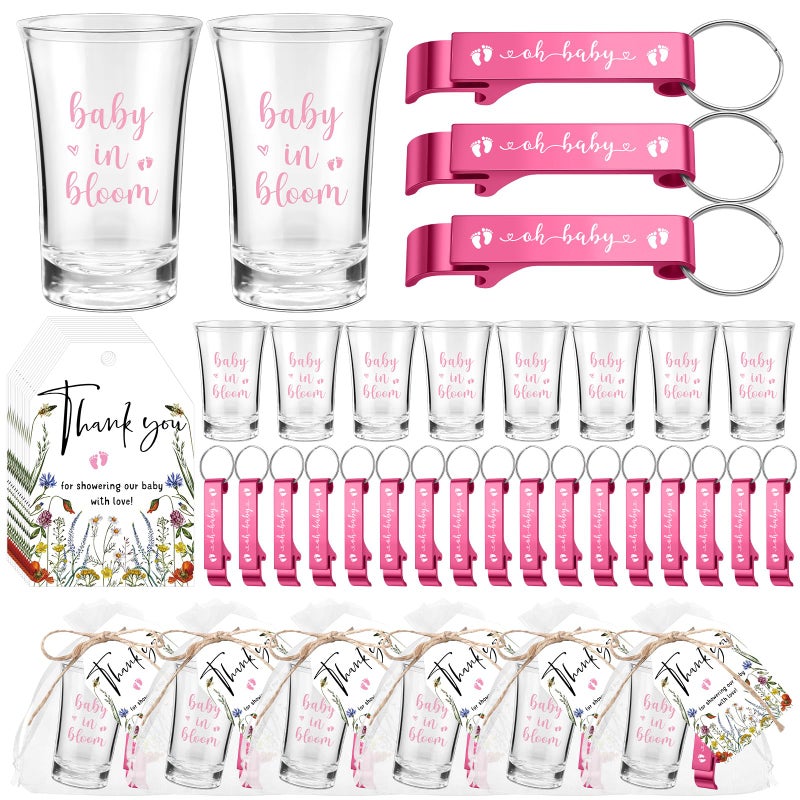 Singhoow 50 Sets Baby Shower Favor for Guests Acrylic Shot Glasses with Bottle Opener Keychains Thank You Tags and Bags Gender Reveal Party Favors for Guest Baby Shower Return Gift(Bloom) - Image 1