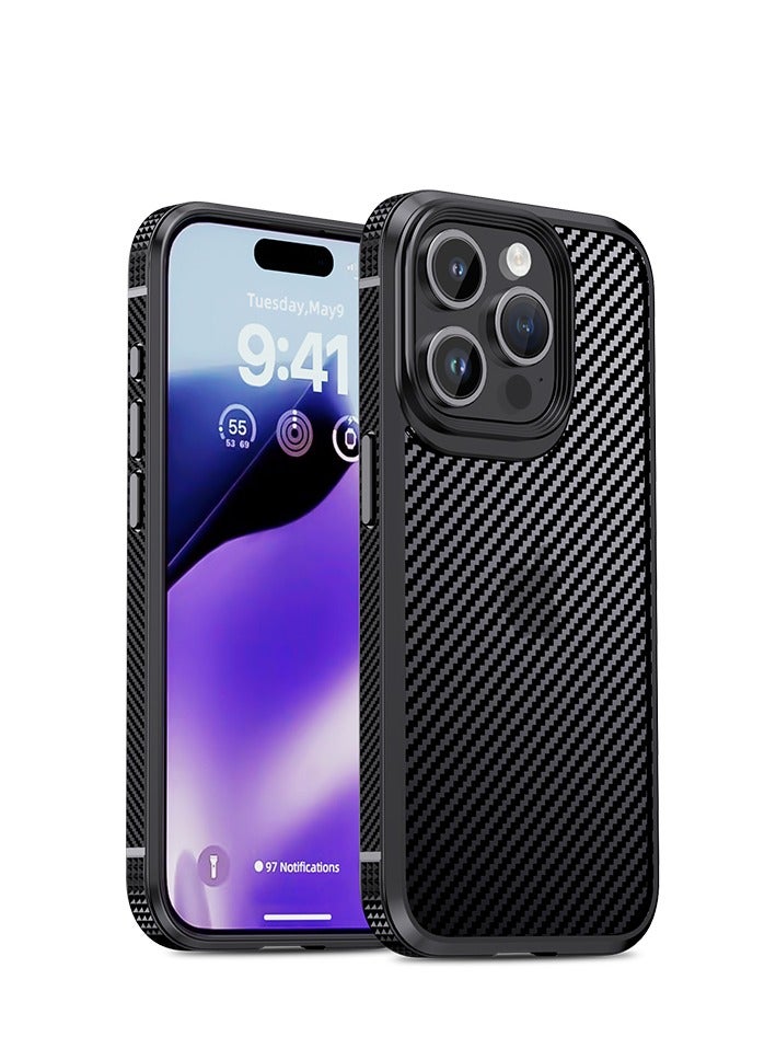 تحكم محسن وراحة: جراب من ألياف الكربون مع نسيج الهوكي الهوائي (جراب أسود لهاتف iPhone 15 Pro Max + واقي عدسة مجاني) - Image 1