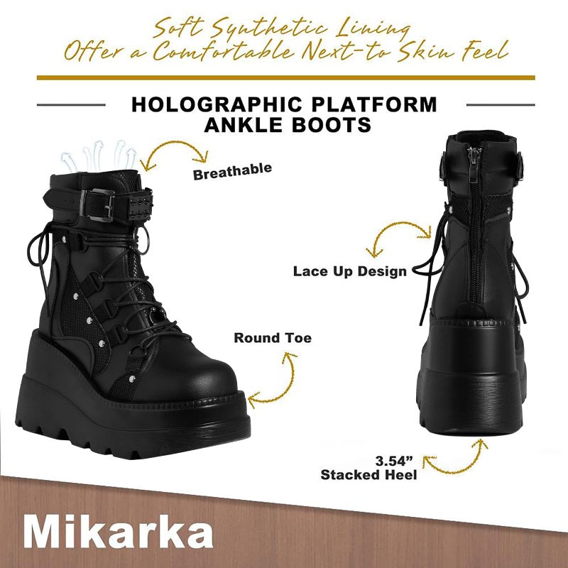 mikarka Holographic Platform Boots for Women, Lace Up Ankle Studded Buckle Goth Stacked Wedge Combat Ankle Boots - Image 3
