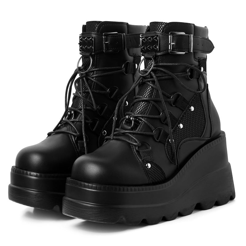 mikarka Holographic Platform Boots for Women, Lace Up Ankle Studded Buckle Goth Stacked Wedge Combat Ankle Boots - Image 1