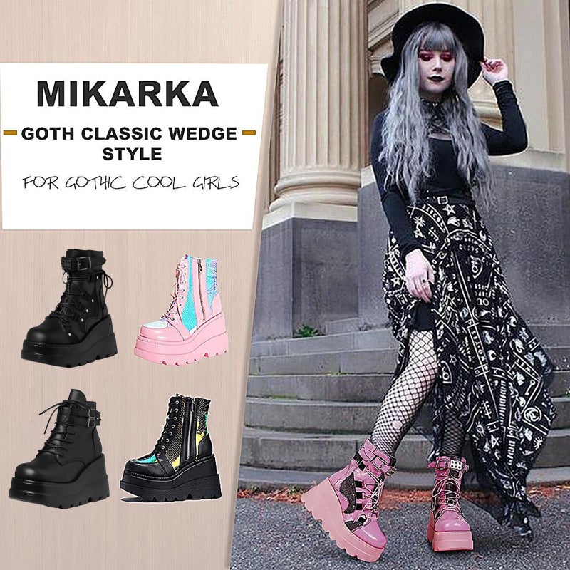 mikarka Holographic Platform Boots for Women, Lace Up Ankle Studded Buckle Goth Stacked Wedge Combat Ankle Boots - Image 5