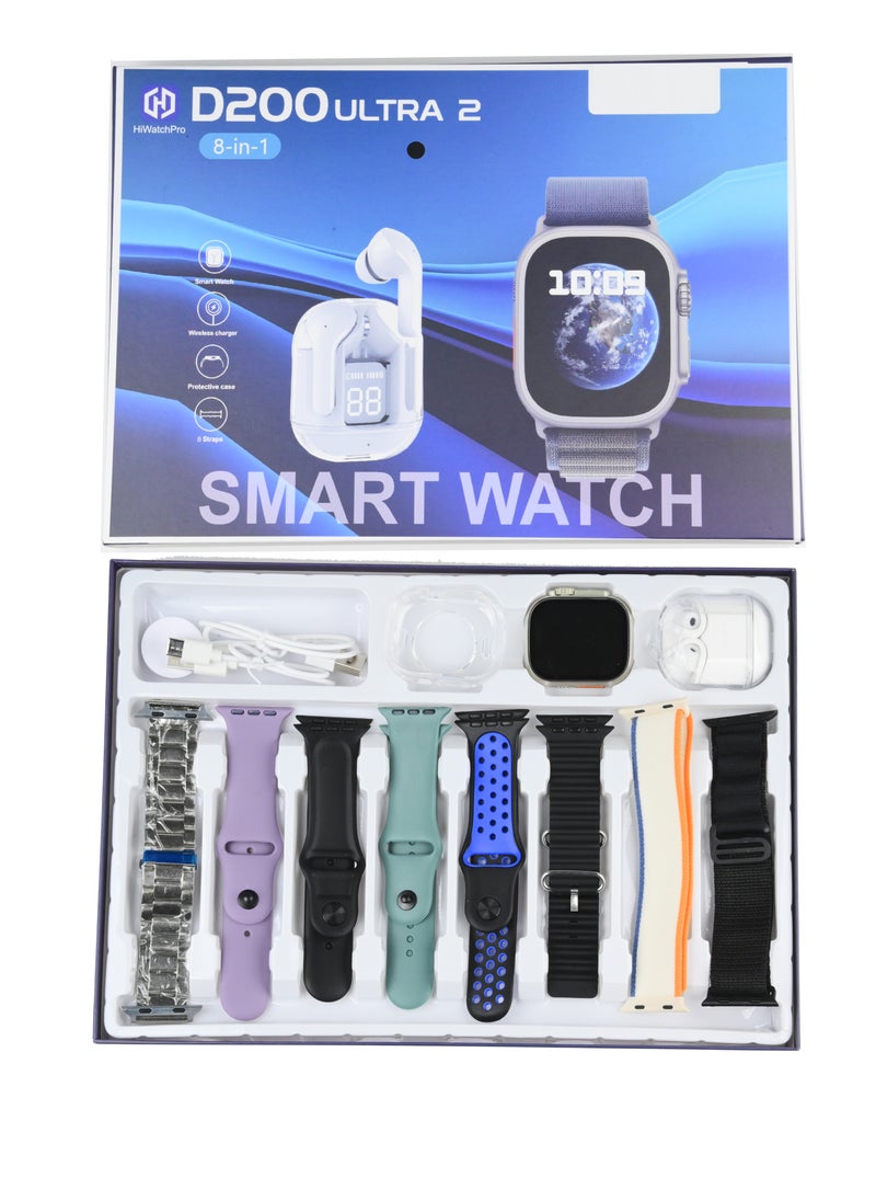 يو إل اتش واي سي ساعة ذكية 8 في 1 Ultra Watch D200 ULTRA 2 وسماعة أذن 49 مم مع هيكل فولاذي وسوار رياضي فضي من الفولاذ و5 سوار سيليكون و2 سوار منسوج وغطاء حماية واحد  - Image 1