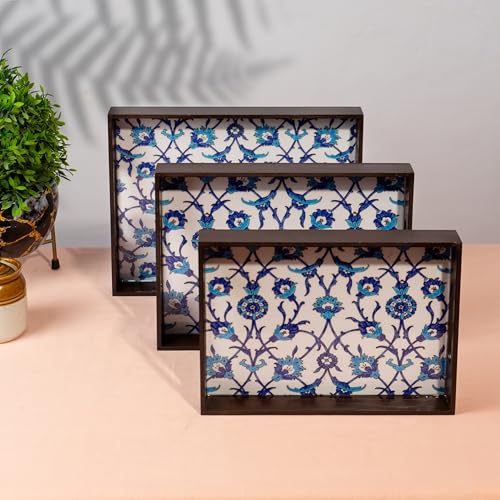 Amimashop® Wooden Serving Tray Set of 3 Premium Blue Floral Design Decorative Trays Home Decor, Tray Set Serving, Tea Trey, Kitchen Organizer Large Medium Small Sizes - Image 4