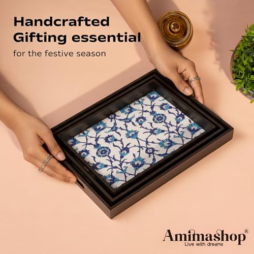 Amimashop® Wooden Serving Tray Set of 3 Premium Blue Floral Design Decorative Trays Home Decor, Tray Set Serving, Tea Trey, Kitchen Organizer Large Medium Small Sizes - Image 3