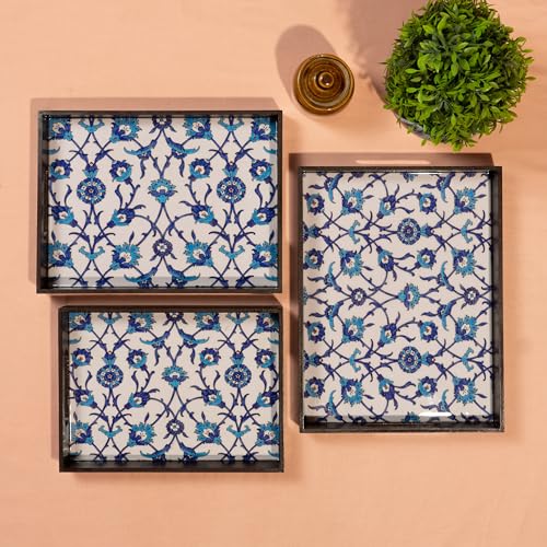 Amimashop® Wooden Serving Tray Set of 3 Premium Blue Floral Design Decorative Trays Home Decor, Tray Set Serving, Tea Trey, Kitchen Organizer Large Medium Small Sizes - Image 5