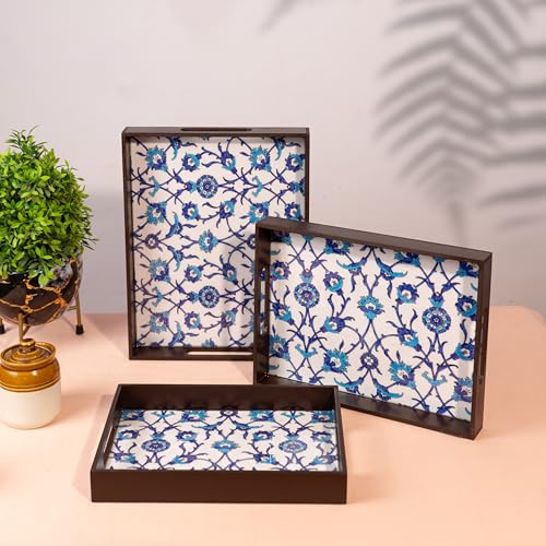 Amimashop® Wooden Serving Tray Set of 3 Premium Blue Floral Design Decorative Trays Home Decor, Tray Set Serving, Tea Trey, Kitchen Organizer Large Medium Small Sizes - Image 1