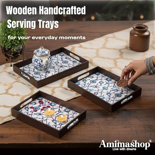 Amimashop® Wooden Serving Tray Set of 3 Premium Blue Floral Design Decorative Trays Home Decor, Tray Set Serving, Tea Trey, Kitchen Organizer Large Medium Small Sizes - Image 2
