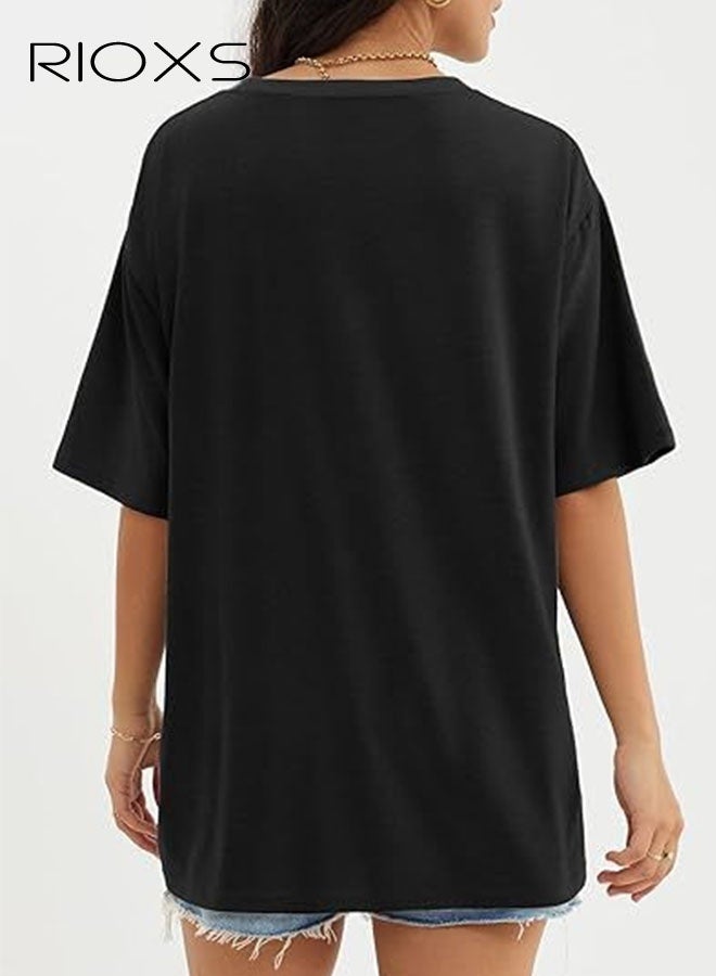 RIOXS Women's Oversized T-shirts, Loose Fit Short Sleeve Tee Shirts, Trendy Soft Crewneck Tops, Basic Tee Solid Black Shirts for Women, Trendy Casual Blouse, Comfy Breathable Ladies Tees for Daily Wear, Office, Running, Sport, Gym, Skating, Womens Clothing Gift for Your Family and Friends - Image 2