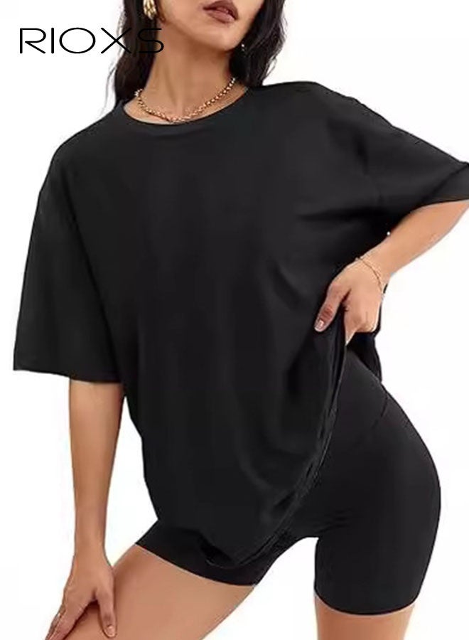 Women's Oversized T-shirts, Loose Fit Short Sleeve Tee Shirts, Trendy Soft Crewneck Tops, Basic Tee Solid Black Shirts for Women, Trendy Casual Blouse, Comfy Breathable Ladies Tees for Daily Wear, Office, Running, Sport, Gym, Skating, Womens Clothing Gift for Your Family and Friends