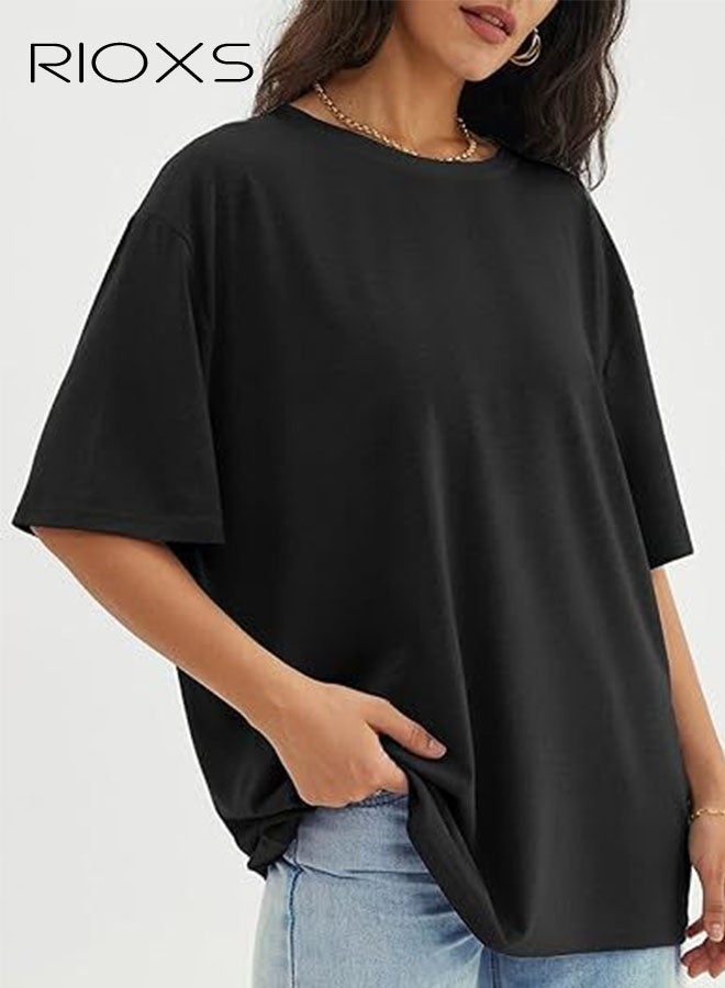 RIOXS Women's Oversized T-shirts, Loose Fit Short Sleeve Tee Shirts, Trendy Soft Crewneck Tops, Basic Tee Solid Black Shirts for Women, Trendy Casual Blouse, Comfy Breathable Ladies Tees for Daily Wear, Office, Running, Sport, Gym, Skating, Womens Clothing Gift for Your Family and Friends - Image 4