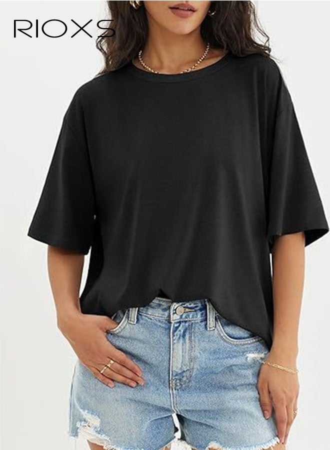 RIOXS Women's Oversized T-shirts, Loose Fit Short Sleeve Tee Shirts, Trendy Soft Crewneck Tops, Basic Tee Solid Black Shirts for Women, Trendy Casual Blouse, Comfy Breathable Ladies Tees for Daily Wear, Office, Running, Sport, Gym, Skating, Womens Clothing Gift for Your Family and Friends - Image 3