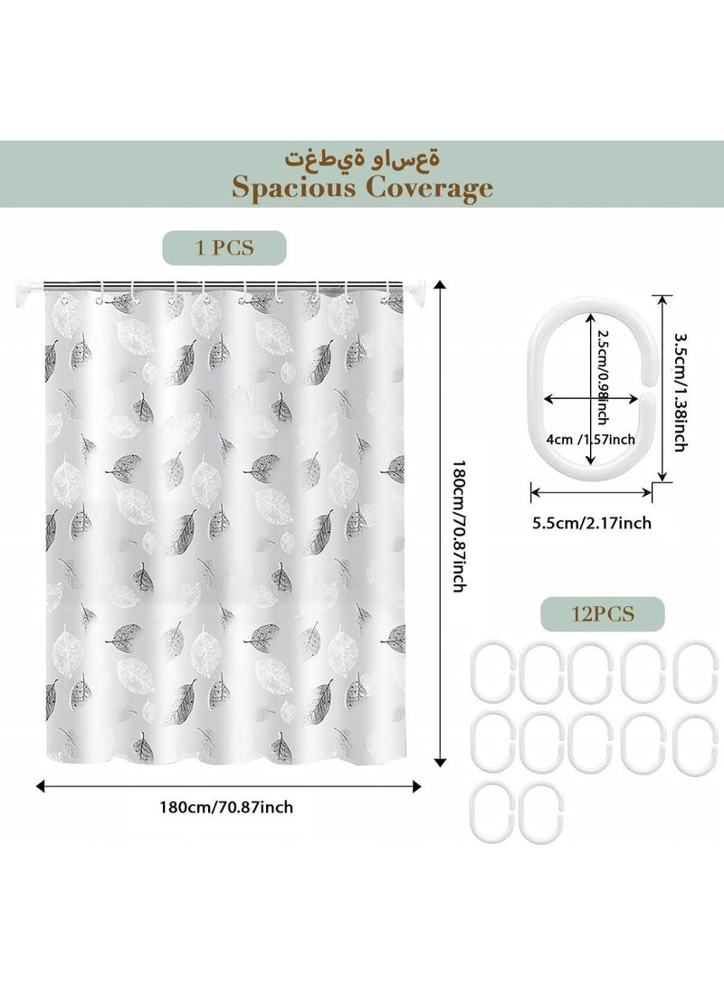 4 Pack 180×180cm PEVA Leaf Print Shower Curtain Set, Waterproof Mildew Resistant Bathroom Shower Liner with 12 Plastic Hooks Each, Durable Bathtub Curtain for Bathroom Decor - Image 2