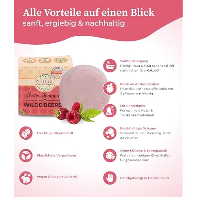 NATURE COSMTIQUE SOLID SHAMPOO WILDBERRRY - SUSTAINABLE CARE FOR HAIR & SCALP - WITH ORGANIC COCONUT OIL, ALOE VERA & VEGETABLE GLYCERINE - VEGAN, PLASTIC-FREE & HANDMADE IN GERMANY - Image 3