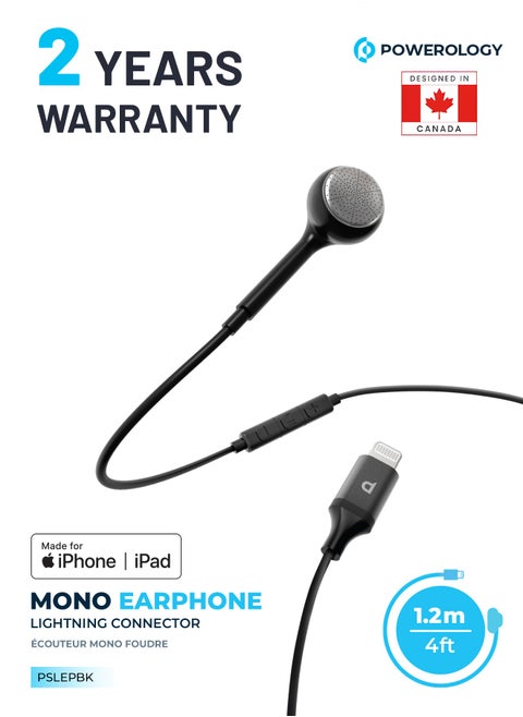 Mono Earphone Lightning Connector 1.2m/4ft/ Active In-Line Control Buttons/ High-Clarity Audio/ Enable Siri/ HD Sound/ Compatible to All Apple Lightning Devices Left or Right Ear - Black