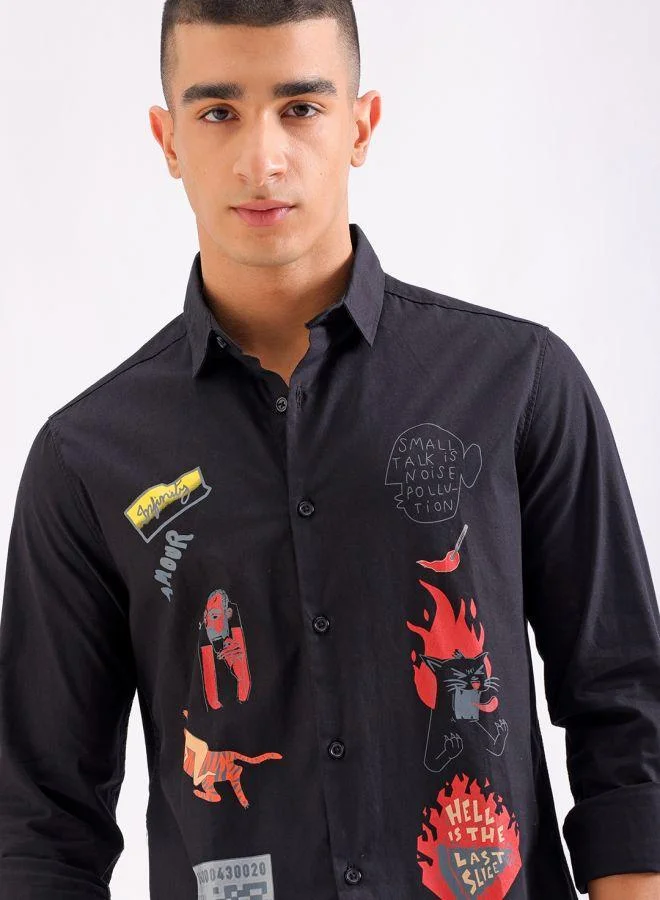 ذا انديان كراج كو Men Slim Fit Graphic Print Full Sleeves Cutaway Collar Casual Shirt