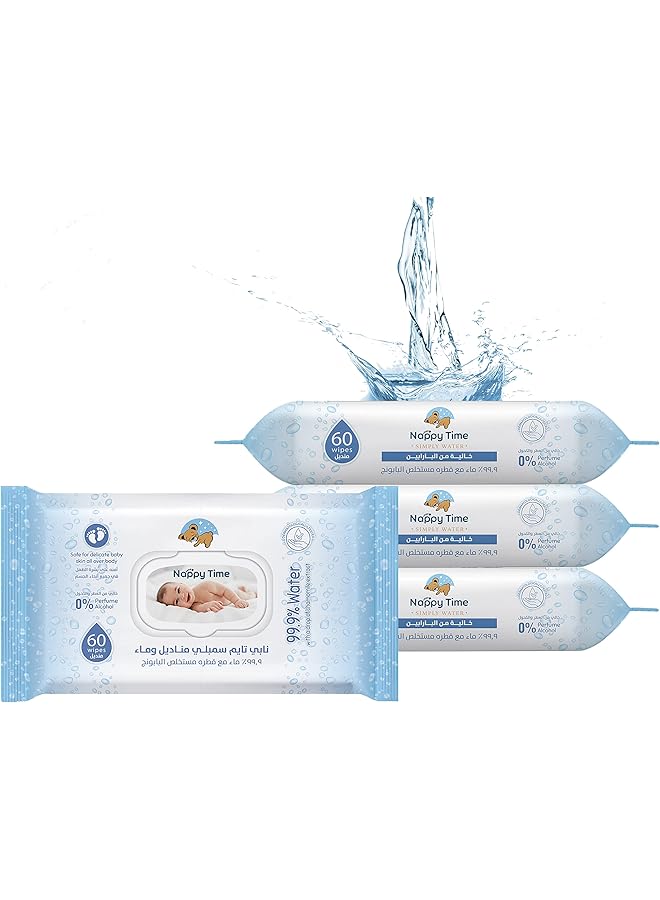 Nappy time Baby Wipes 99.9% Pure Water With Chamomile Extract Fragrance Alcohol And Paraben Free Baby Wipes Safe For Newborn Skin Pack Of 3 Pouches +1 Free X60 Sheets 240 Wipes - Image 1