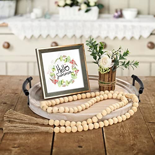 Relaxing Garden Round Wood Tray/w Wood Bead Garland - 13" Decorative Trays for Home Decor - Round Wooden Tray with Handles - Circle Trays for Home Decor - Image 2