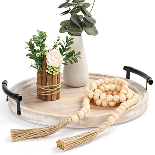 Relaxing Garden Round Wood Tray/w Wood Bead Garland - 13" Decorative Trays for Home Decor - Round Wooden Tray with Handles - Circle Trays for Home Decor - Image 1