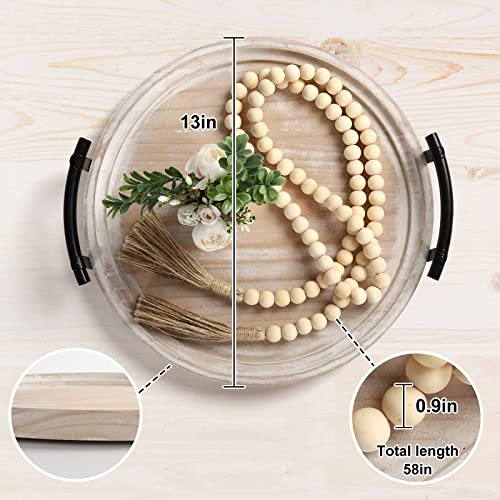 Relaxing Garden Round Wood Tray/w Wood Bead Garland - 13" Decorative Trays for Home Decor - Round Wooden Tray with Handles - Circle Trays for Home Decor - Image 3