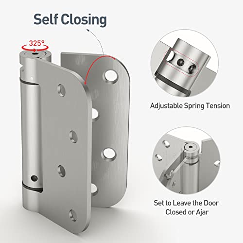 HOSOM Self Closing Spring Loaded Hinges, 4 Inch, Adjustable Tension for Garage, Front, Back Door, UL Listed, Left and Right Hand, 5/8'' Radius Corners, Brushed Nickel, 2 Pack - Image 3