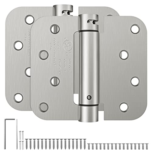 HOSOM Self Closing Spring Loaded Hinges, 4 Inch, Adjustable Tension for Garage, Front, Back Door, UL Listed, Left and Right Hand, 5/8'' Radius Corners, Brushed Nickel, 2 Pack - Image 1