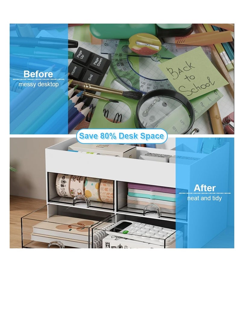 Desk Organiser, Desk Supplies Organiser with 4 Drawers, Desktop Stationery Storage Box, Space Saving Desk Organiser Drawers, Pen Pot Desk Storage Organiser, for Office Home School (White) - Image 5