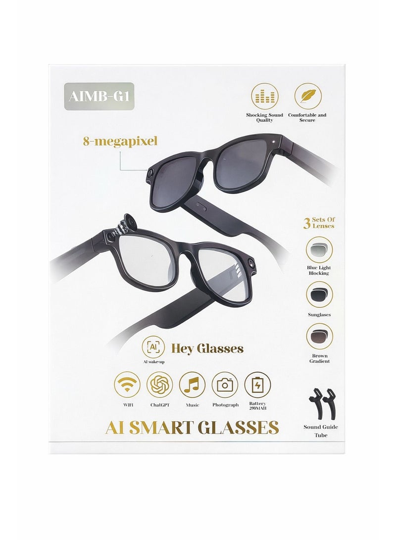 نظارات AIMB-G1 الذكية بتقنية الذكاء الاصطناعي، كاميرا بدقة 8 ميجابكسل، واي فاي، دردشة فيديو، موسيقى، تصوير، 3 مجموعات عدسات، حجب الضوء الأزرق، بطارية 280 مللي أمبير - Image 1