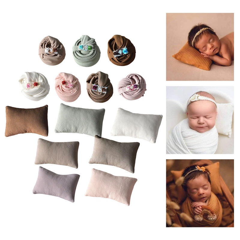 Newborn Photography Prop Set Light Brown Pillow Background Swaddle Blanket Headband Outfit - Image 3
